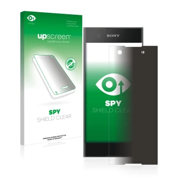 Parte frontal de un envase de producto con el logotipo de la marca upscreen. Al lado se muestra el dispositivo Sony Xperia XA1