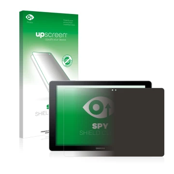 Parte frontal de un envase de producto con el logotipo de la marca upscreen. Al lado se muestra el dispositivo Samsung Galaxy 