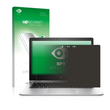 Parte frontal de un envase de producto con el logotipo de la marca upscreen. Al lado se muestra el dispositivo HP EliteBook x3