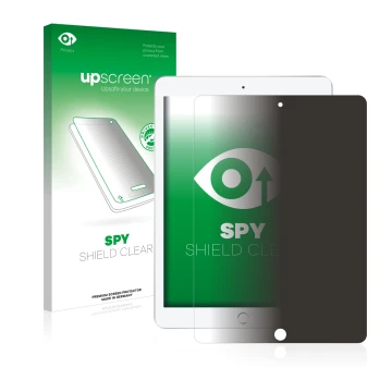 Parte frontal de un envase de producto con el logotipo de la marca upscreen. Al lado se muestra el dispositivo Apple iPad 9.7 