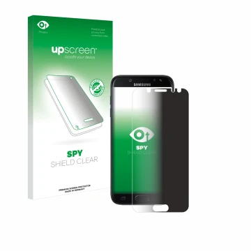Parte frontal de un envase de producto con el logotipo de la marca upscreen. Al lado se muestra el dispositivo Samsung Galaxy 