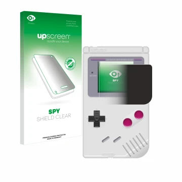 Parte frontal de un envase de producto con el logotipo de la marca upscreen. Al lado se muestra el dispositivo Nintendo Gamebo