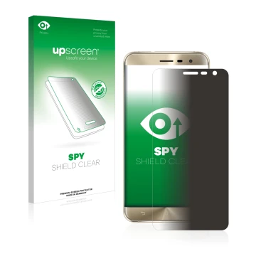 Parte frontal de un envase de producto con el logotipo de la marca upscreen. Al lado se muestra el dispositivo ASUS ZenFone 3 