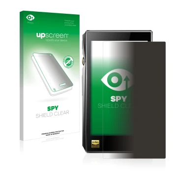 Parte frontal de un envase de producto con el logotipo de la marca upscreen. Al lado se muestra el dispositivo FiiO X5 III con
