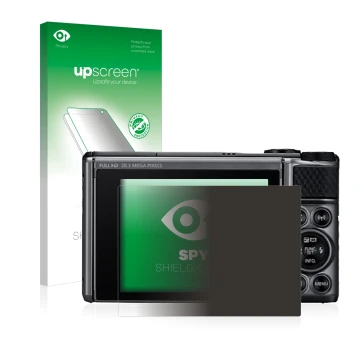 Parte frontal de un envase de producto con el logotipo de la marca upscreen. Al lado se muestra el dispositivo Canon PowerShot