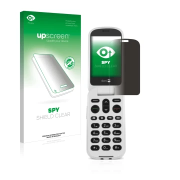Parte frontal de un envase de producto con el logotipo de la marca upscreen. Al lado se muestra el dispositivo Doro 6050 con s