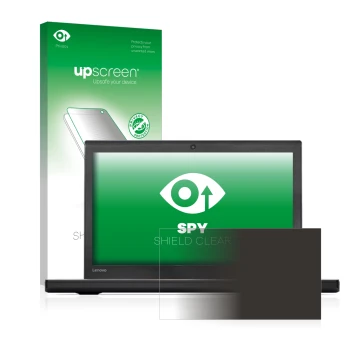 Parte frontal de un envase de producto con el logotipo de la marca upscreen. Al lado se muestra el dispositivo Lenovo ThinkPad