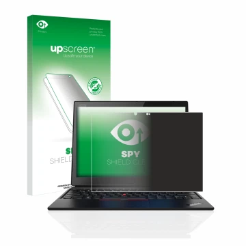 Parte frontal de un envase de producto con el logotipo de la marca upscreen. Al lado se muestra el dispositivo Lenovo ThinkPad