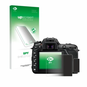 Parte frontal de un envase de producto con el logotipo de la marca upscreen. Al lado se muestra el dispositivo Nikon D7500 con