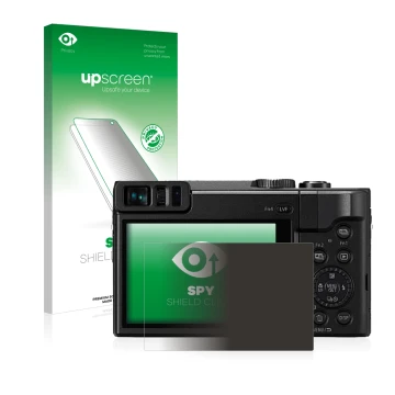 Parte frontal de un envase de producto con el logotipo de la marca upscreen. Al lado se muestra el dispositivo Panasonic Lumix