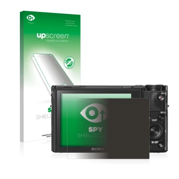Parte frontal de un envase de producto con el logotipo de la marca upscreen. Al lado se muestra el dispositivo Sony Cyber-Shot