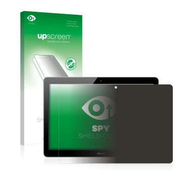 Parte frontal de un envase de producto con el logotipo de la marca upscreen. Al lado se muestra el dispositivo Huawei MediaPad