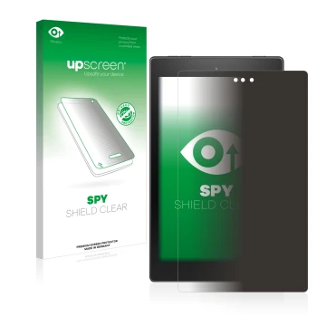 Parte frontal de un envase de producto con el logotipo de la marca upscreen. Al lado se muestra el dispositivo Amazon Fire HD 