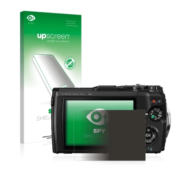 Parte frontal de un envase de producto con el logotipo de la marca upscreen. Al lado se muestra el dispositivo Olympus Tough T
