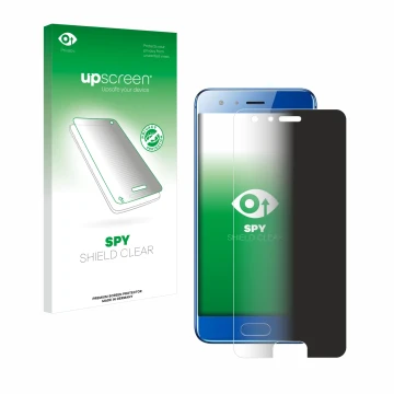 Parte frontal de un envase de producto con el logotipo de la marca upscreen. Al lado se muestra el dispositivo Honor 9 con su 