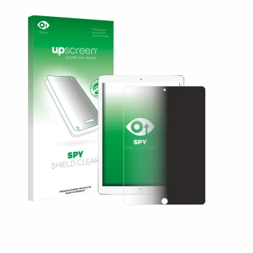 Parte frontal de un envase de producto con el logotipo de la marca upscreen. Al lado se muestra el dispositivo Apple iPad Pro 