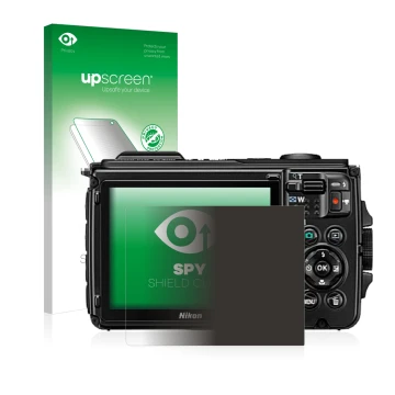 Parte frontal de un envase de producto con el logotipo de la marca upscreen. Al lado se muestra el dispositivo Nikon Coolpix W