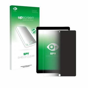 Parte frontal de un envase de producto con el logotipo de la marca upscreen. Al lado se muestra el dispositivo Apple iPad Pro 