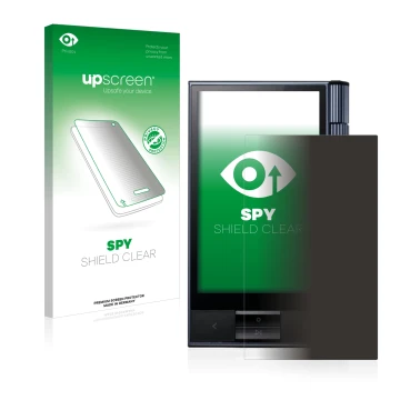 Parte frontal de un envase de producto con el logotipo de la marca upscreen. Al lado se muestra el dispositivo Astell&Kern AK 