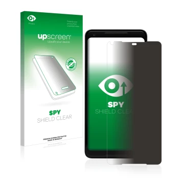 Parte frontal de un envase de producto con el logotipo de la marca upscreen. Al lado se muestra el dispositivo Google Pixel 2 