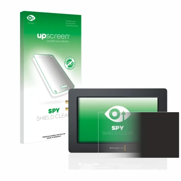 Parte frontal de un envase de producto con el logotipo de la marca upscreen. Al lado se muestra el dispositivo Blackmagic Desi