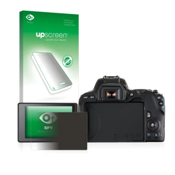 Parte frontal de un envase de producto con el logotipo de la marca upscreen. Al lado se muestra el dispositivo Canon EOS 200D 