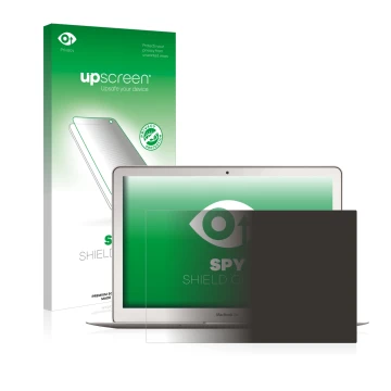 Parte frontal de un envase de producto con el logotipo de la marca upscreen. Al lado se muestra el dispositivo Apple MacBook A