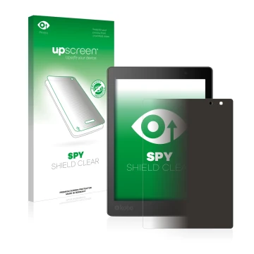 Parte frontal de un envase de producto con el logotipo de la marca upscreen. Al lado se muestra el dispositivo Kobo Aura One c