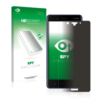 Parte frontal de un envase de producto con el logotipo de la marca upscreen. Al lado se muestra el dispositivo Nokia 8 con su 