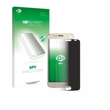 Parte frontal de un envase de producto con el logotipo de la marca upscreen. Al lado se muestra el dispositivo Motorola Moto G
