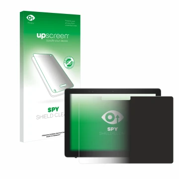 Parte frontal de un envase de producto con el logotipo de la marca upscreen. Al lado se muestra el dispositivo Dell Latitude 5