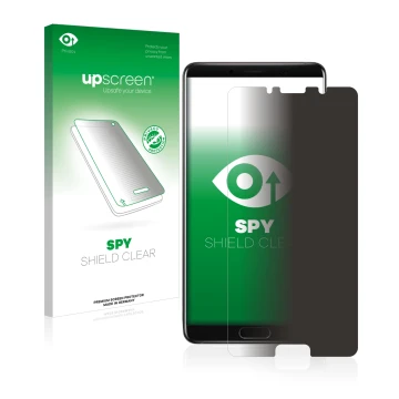 Parte frontal de un envase de producto con el logotipo de la marca upscreen. Al lado se muestra el dispositivo Huawei Mate 10 