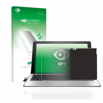 Parte frontal de un envase de producto con el logotipo de la marca upscreen. Al lado se muestra el dispositivo HP Elite x2 101