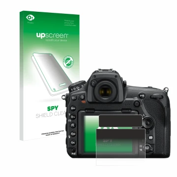 Parte frontal de un envase de producto con el logotipo de la marca upscreen. Al lado se muestra el dispositivo Nikon D850 con 