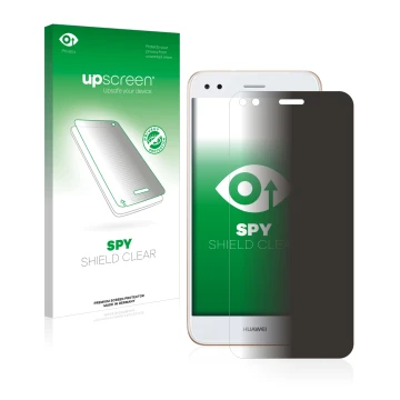 Parte frontal de un envase de producto con el logotipo de la marca upscreen. Al lado se muestra el dispositivo Huawei P9 Lite 
