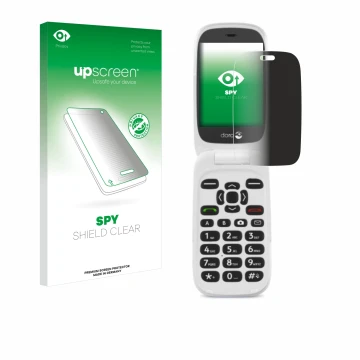 Parte frontal de un envase de producto con el logotipo de la marca upscreen. Al lado se muestra el dispositivo Doro 6520 con s