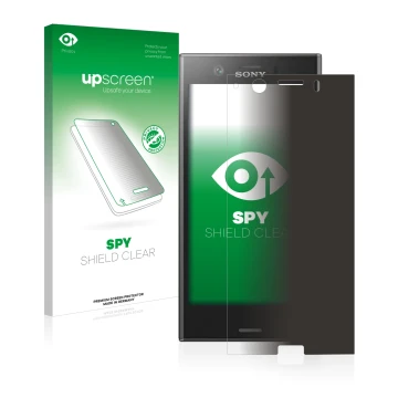 Parte frontal de un envase de producto con el logotipo de la marca upscreen. Al lado se muestra el dispositivo Sony Xperia XZ1