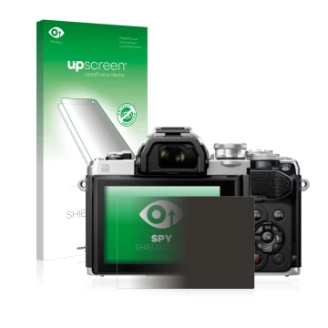 Parte frontal de un envase de producto con el logotipo de la marca upscreen. Al lado se muestra el dispositivo Olympus OM-D E-
