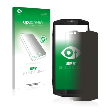 Parte frontal de un envase de producto con el logotipo de la marca upscreen. Al lado se muestra el dispositivo Blackview BV900