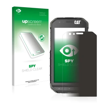 Parte frontal de un envase de producto con el logotipo de la marca upscreen. Al lado se muestra el dispositivo Caterpillar Cat