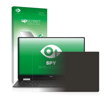 Parte frontal de un envase de producto con el logotipo de la marca upscreen. Al lado se muestra el dispositivo Dell XPS 13 936