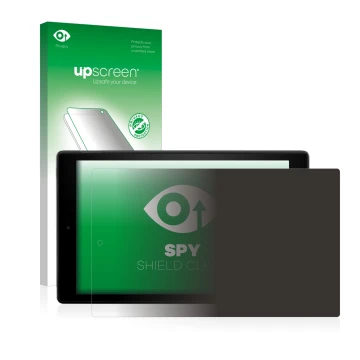 Parte frontal de un envase de producto con el logotipo de la marca upscreen. Al lado se muestra el dispositivo Amazon Fire HD 