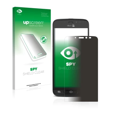 Parte frontal de un envase de producto con el logotipo de la marca upscreen. Al lado se muestra el dispositivo Doro 8040 con s