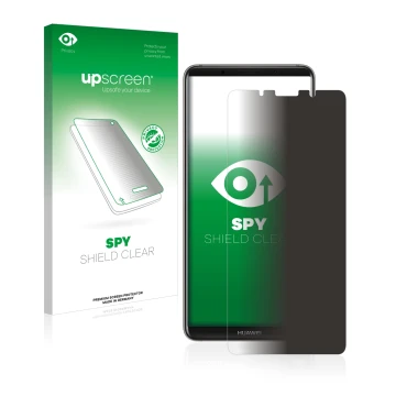 Parte frontal de un envase de producto con el logotipo de la marca upscreen. Al lado se muestra el dispositivo Huawei Mate 10 