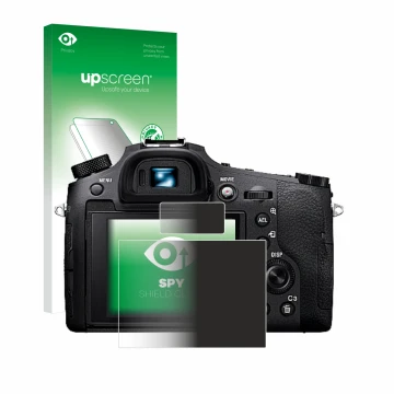 Parte frontal de un envase de producto con el logotipo de la marca upscreen. Al lado se muestra el dispositivo Sony Cyber-Shot