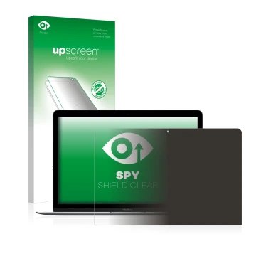 Parte frontal de un envase de producto con el logotipo de la marca upscreen. Al lado se muestra el dispositivo Apple MacBook R