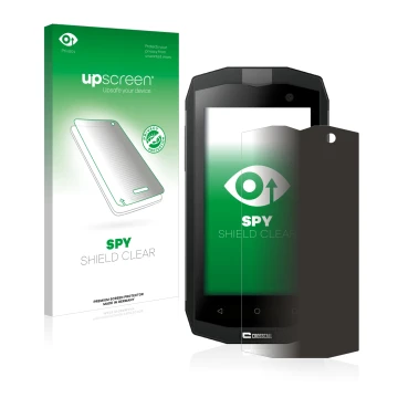 Parte frontal de un envase de producto con el logotipo de la marca upscreen. Al lado se muestra el dispositivo Crosscall Trekk