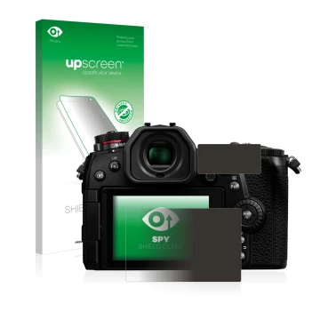 Parte frontal de un envase de producto con el logotipo de la marca upscreen. Al lado se muestra el dispositivo Panasonic Lumix