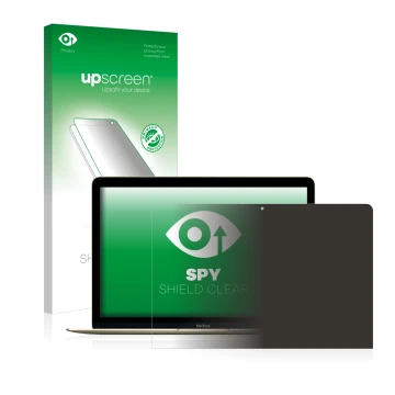 Parte frontal de un envase de producto con el logotipo de la marca upscreen. Al lado se muestra el dispositivo Apple MacBook R