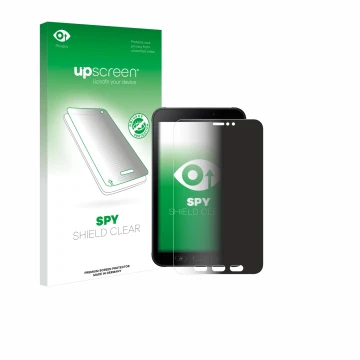 Parte frontal de un envase de producto con el logotipo de la marca upscreen. Al lado se muestra el dispositivo Samsung Galaxy 